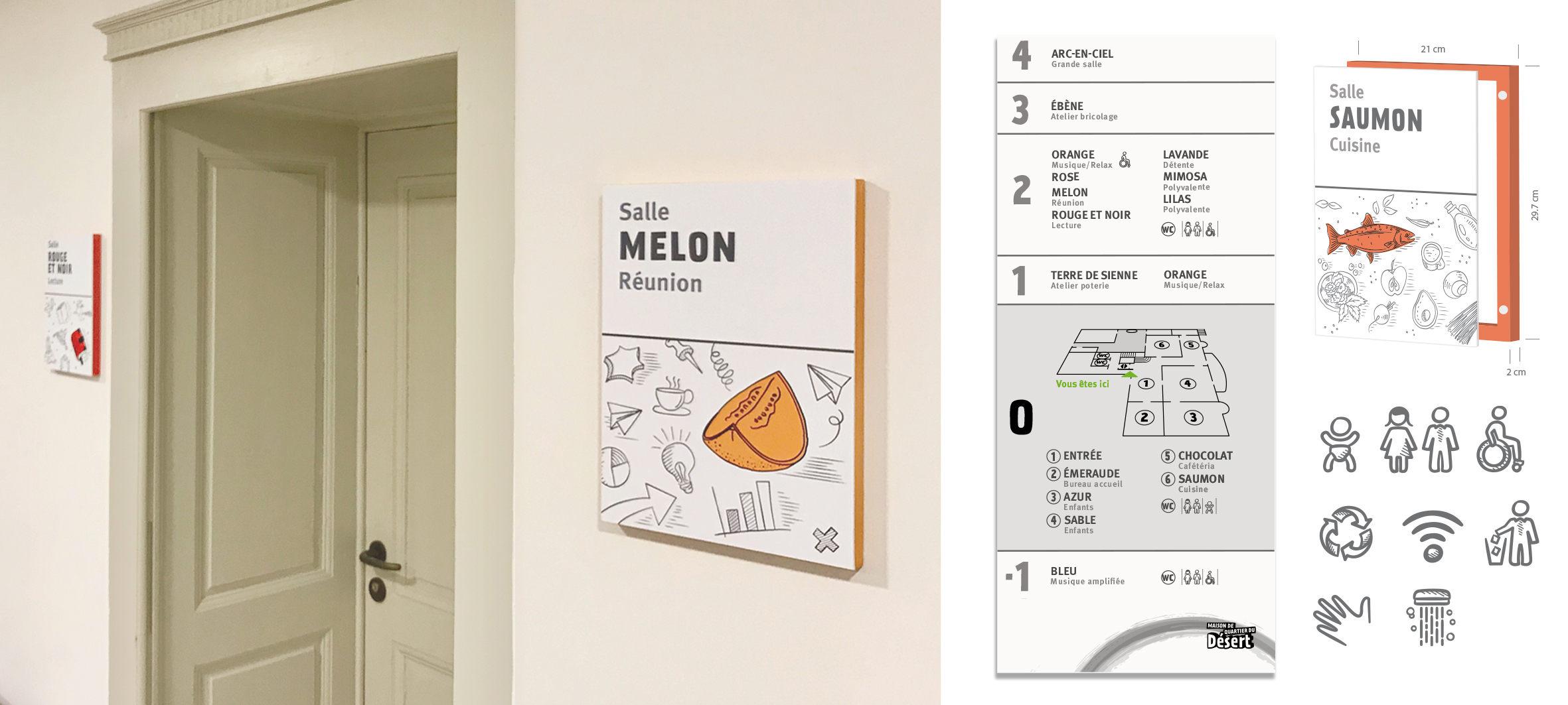 15. Conception et réalisation de la signalisation de la Maison de Quartier du Désert, client: ville de Lausanne